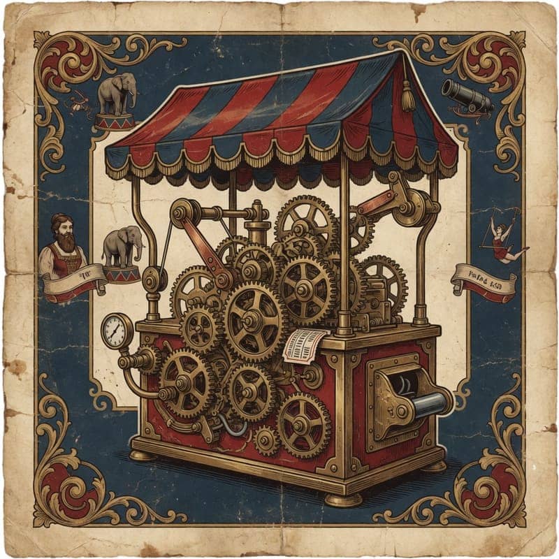Carnival clockwork ticket machine under a striped awning — web apps and tools