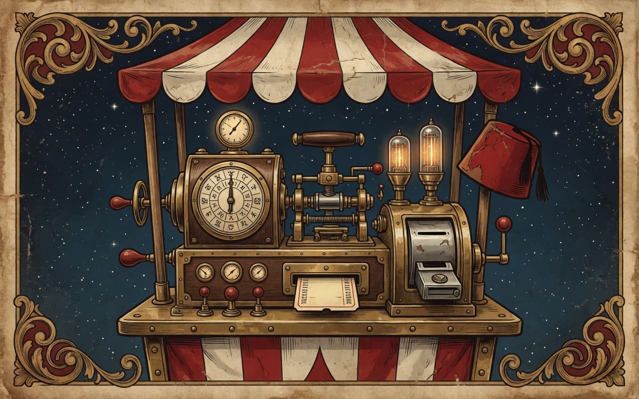 Carnival contraption dashboard combining schedule dial, payments, and membership controls under a striped awning