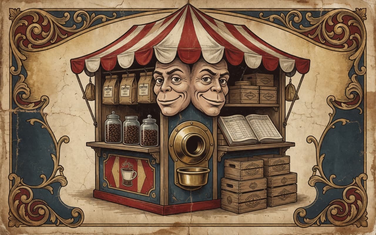 Two-headed carnival coffee booth with retail bags, wholesale crates, and a shared checkout hopper