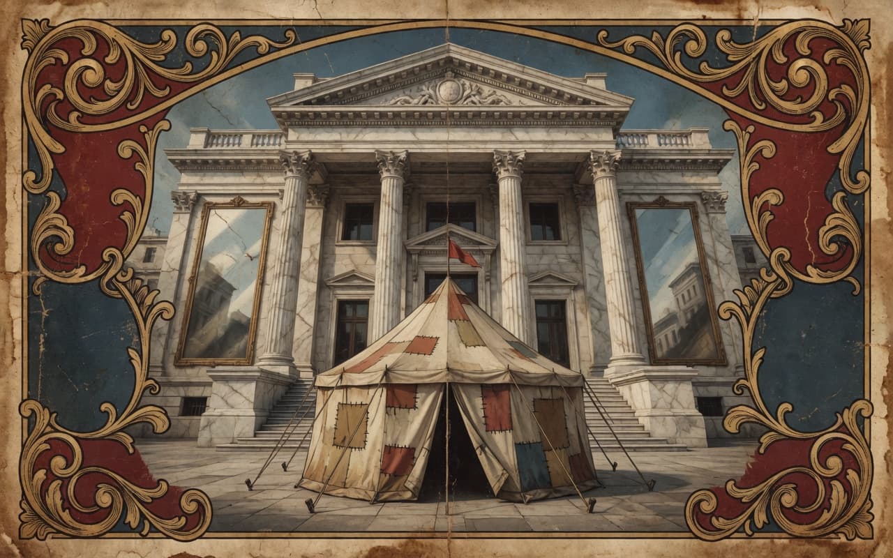 Humble patched tent in front of a grand marble courthouse facade — the respectable illusion