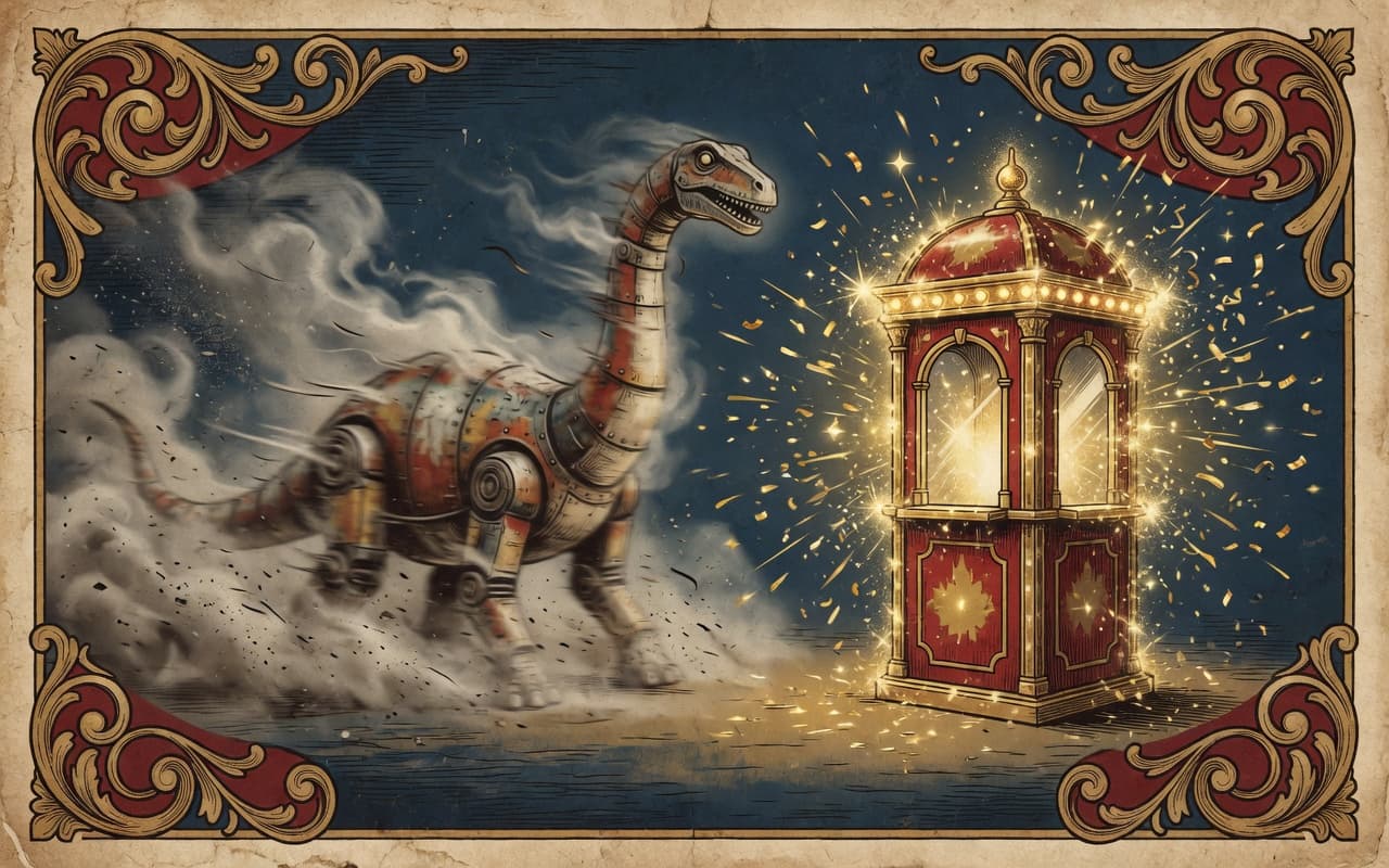Slow mechanical dinosaur dissolving into smoke beside a lightning-fast glowing booth