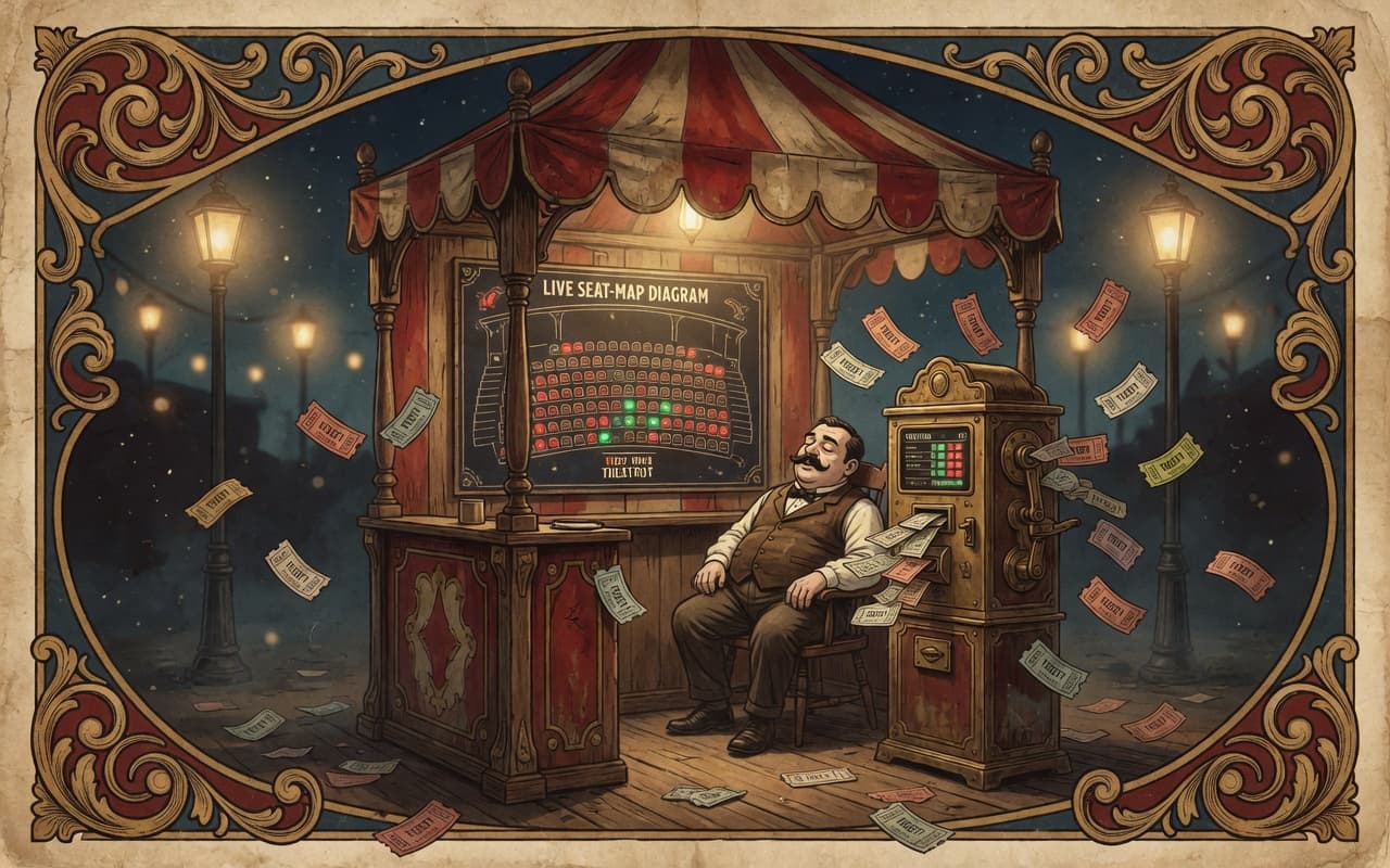 Sleeping ticket seller while an automatic machine and seat map sell tickets through the night
