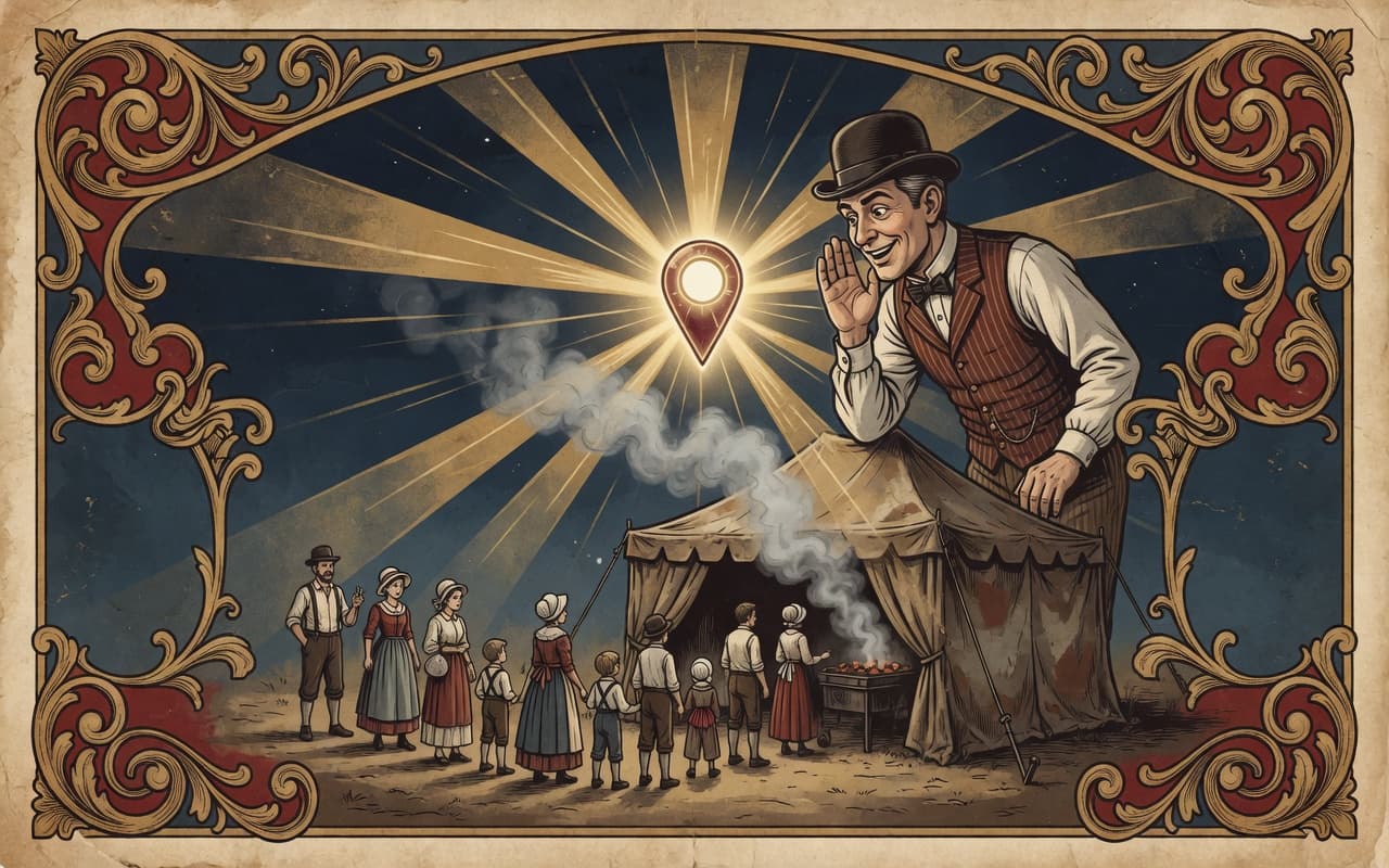 Barker whispering beside a glowing map pin over a busy BBQ tent with a long line