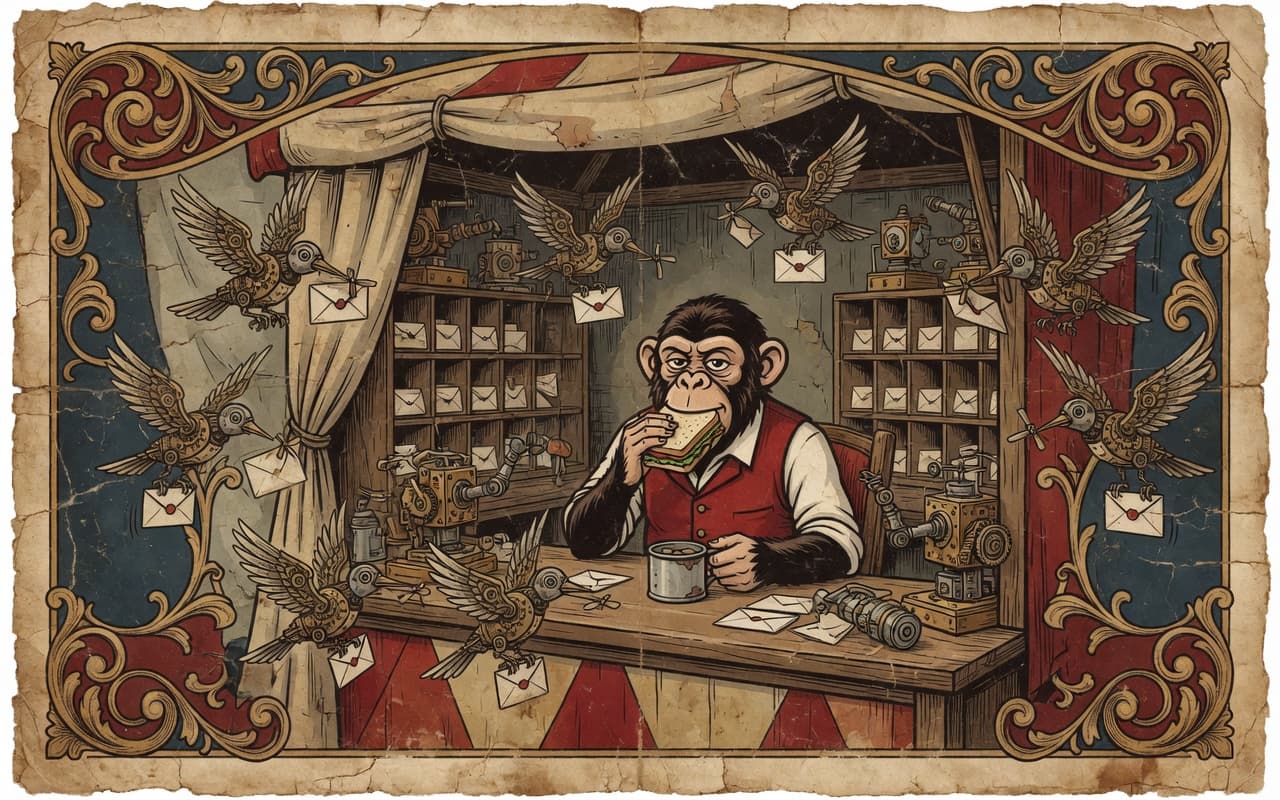 Mechanical messenger birds sorting mail while the ringmaster monkey calmly eats lunch