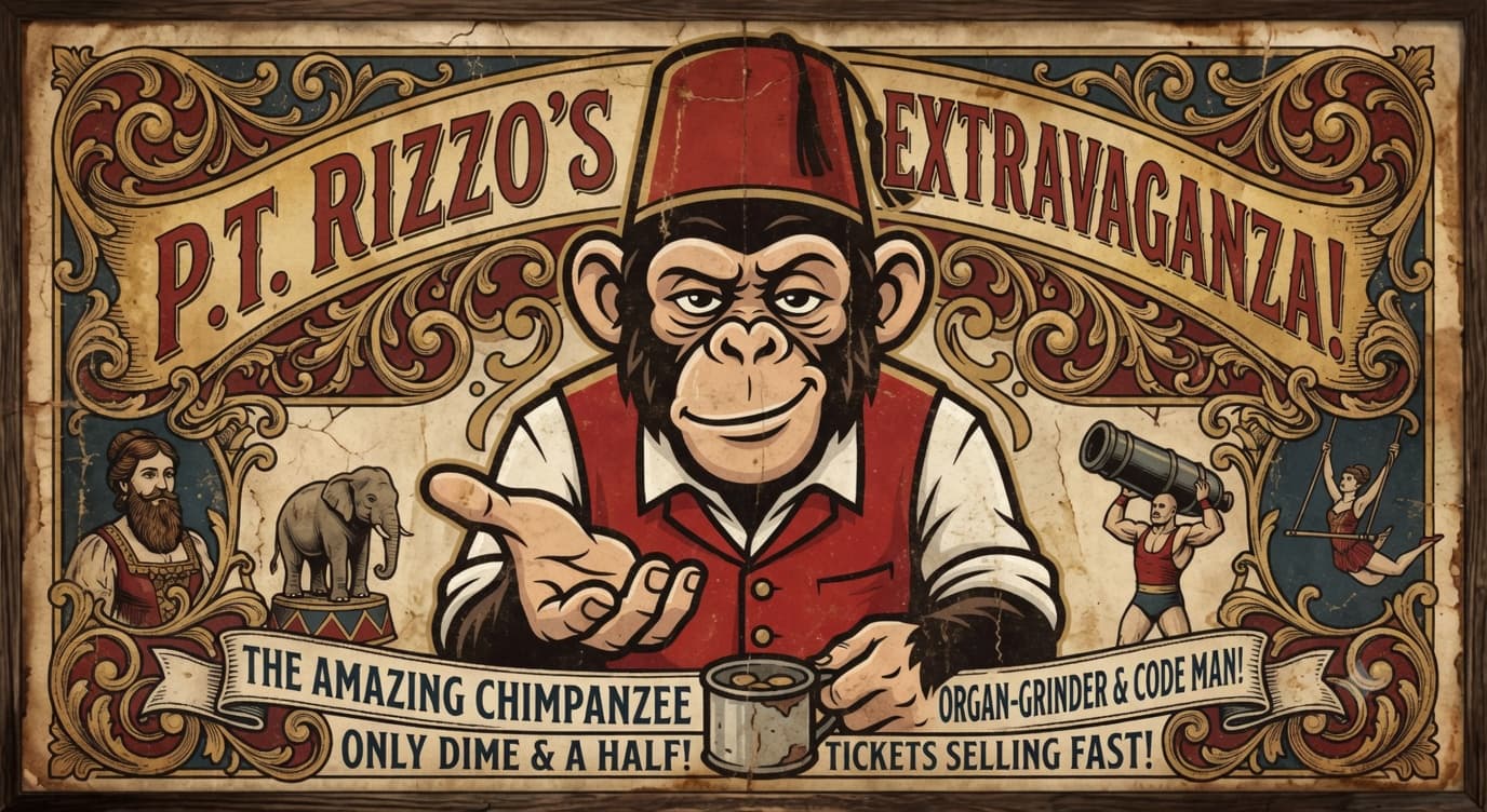 Vintage circus poster of P.T. Rizzo's Extravaganza — chimpanzee organ-grinder and code man