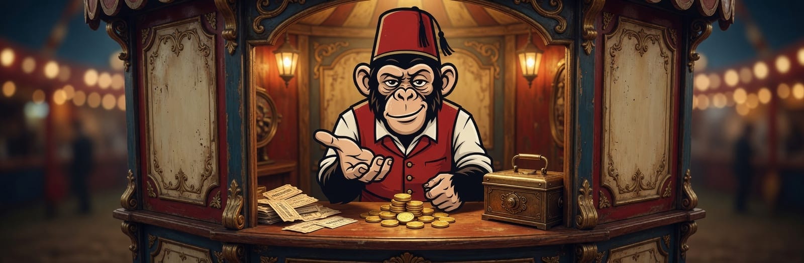 The Pay the Monkey mascot in a carnival wagon booth, palm open for a fair ticket